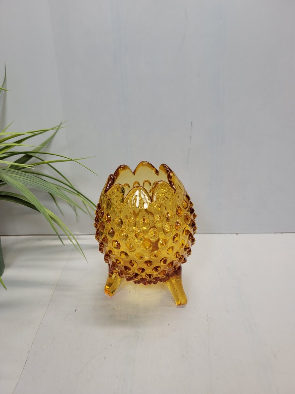 Vintage Fenton Amber Hobnail Glass 3 Footed Egg Shaped Rose Bowl Vase 5”